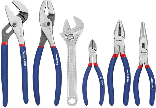 WORKPRO Large Pliers & Wrench Set 6-Piece (10" Water Pump Pliers, 10" Slip Joint Pliers, 8" Long Nose Pliers, 8" Linesman Pliers, 6" Diagonal Pliers, 8" Adjustable Wrench) for DIY & Home Use, W001329A