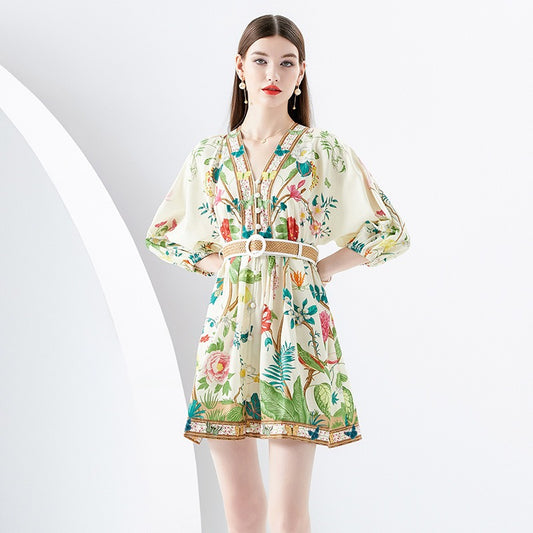 Holiday style V-neck pleated lantern sleeves retro painted print mini dress