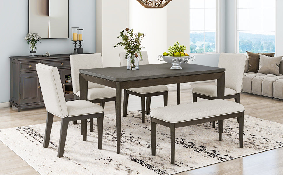 TOPMAX 6-Piece Dining Table Set with Upholstered Dining Chairs and Bench Farmhouse Style Tapered Legs Dark Gray+Beige