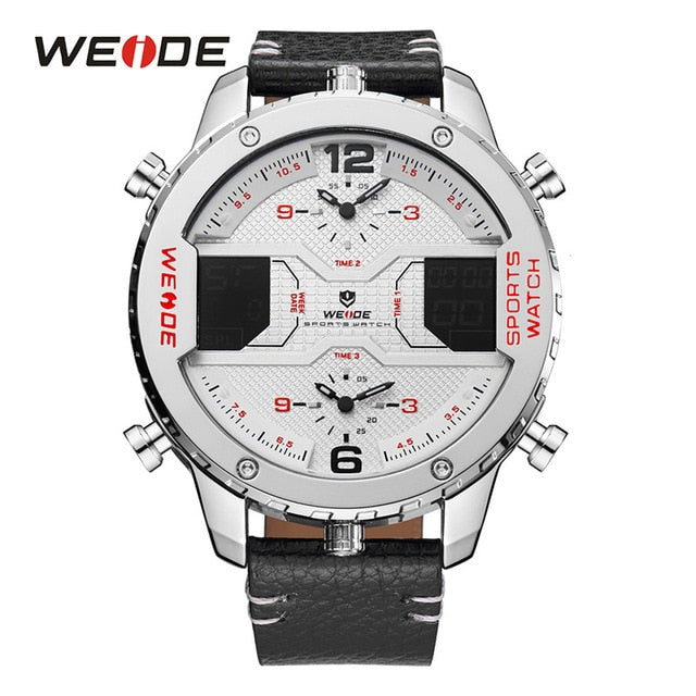 WEIDE men's Sports watch Analog Hands Digital Calendar Quartz Brown Leather Strap Wrist watches