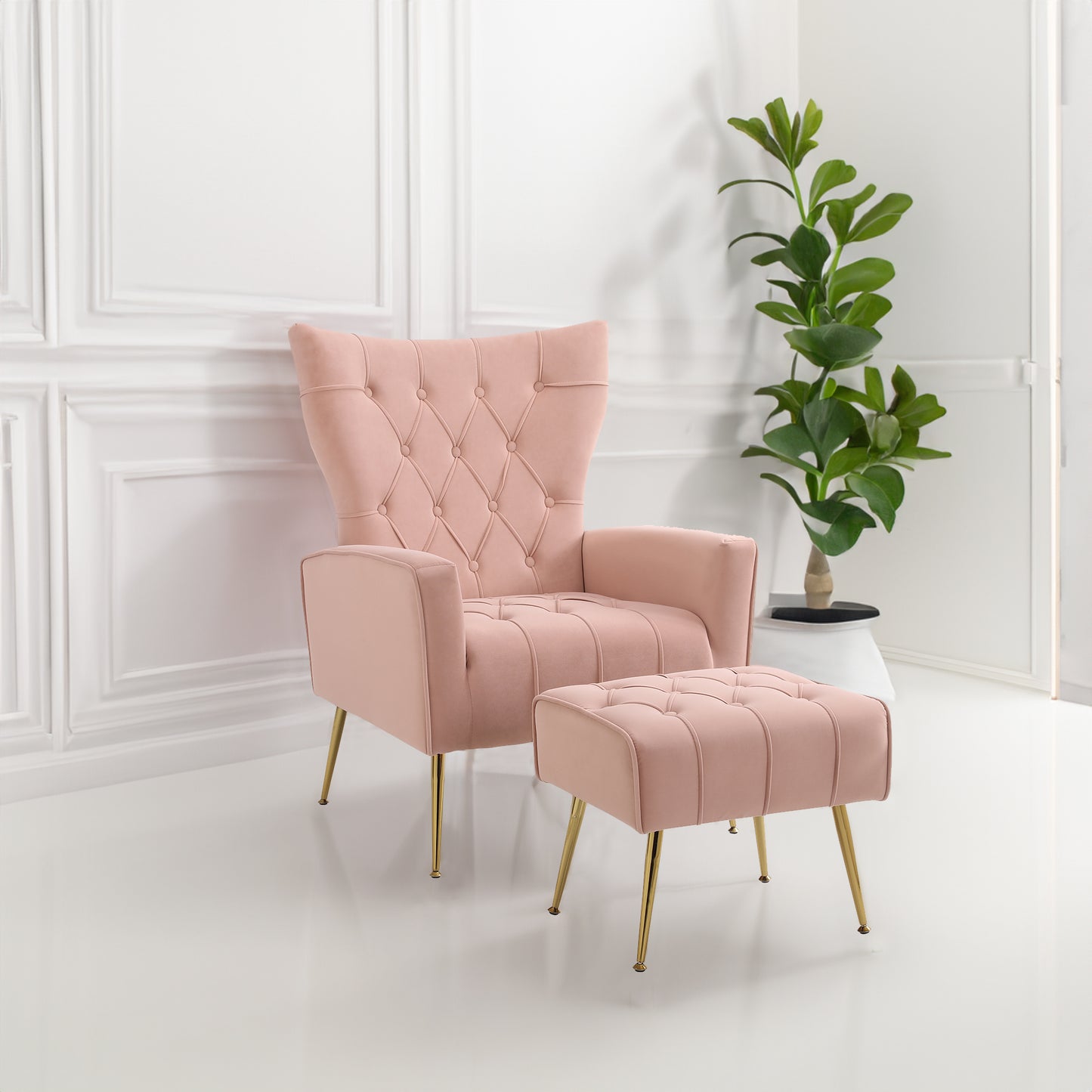 Modern Accent Chair with Ottoman, Comfy Armchair for Living Room Bedroom  Apartment  Office (Pink)