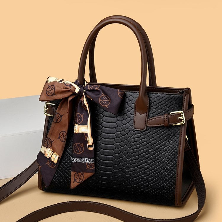 Commuting style women's bag genuine leather embossed snakeskin pattern contrasting color briefcase for women