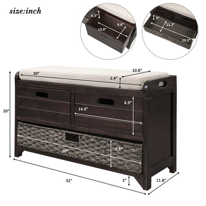 TREXM Storage Bench with Removable Basket and 2 Drawers, Fully Assembled Shoe Bench with Removable Cushion (Espresso)