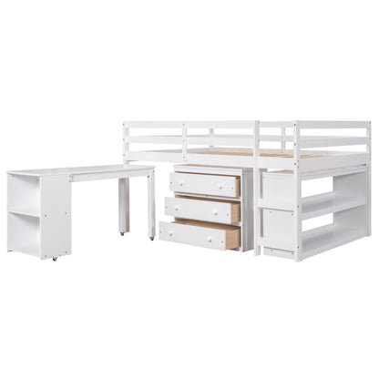 Low Study Full Loft Bed with Cabinet Shelves and Rolling Portable Desk Multiple Functions Bed- White