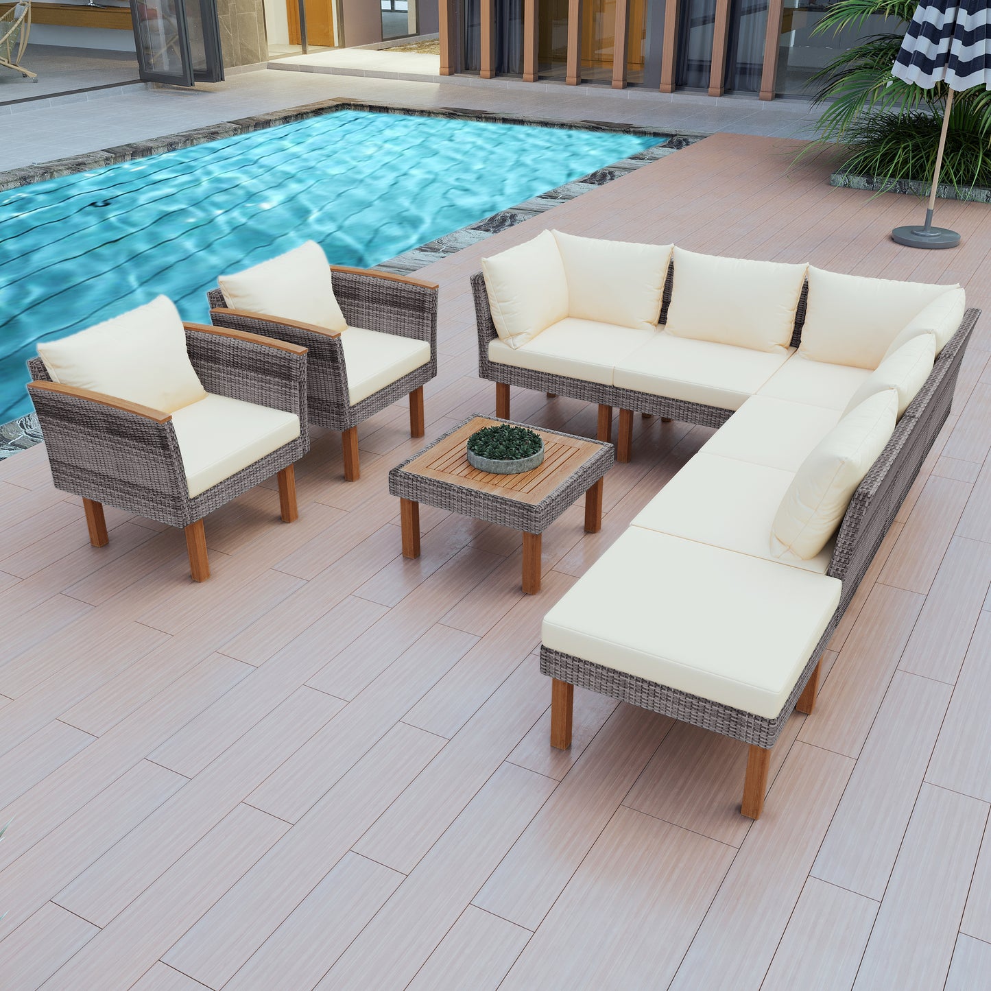 9-piece Patio rattan furniture set with Acacia wooden legs and tabletop sofa set, coffee table washable cushion beige