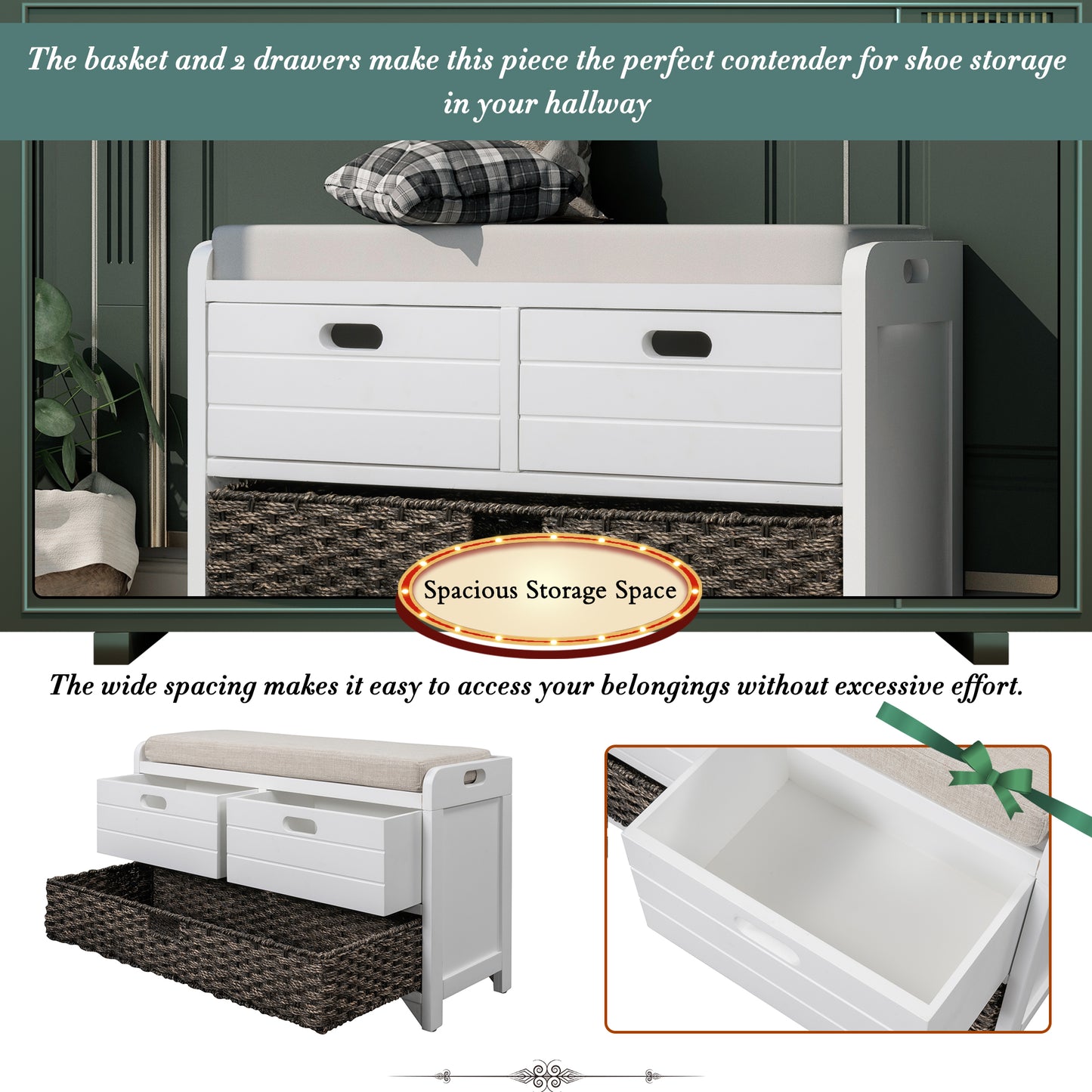 TREXM White Storage Bench with Removable Basket and 2 DrawersFully Assembled Shoe Bench with Removable Cushion