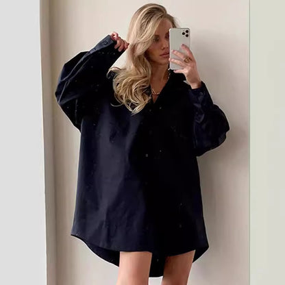 Long Sleeve Loose Solid Lapel Shirt Top Mini Dress