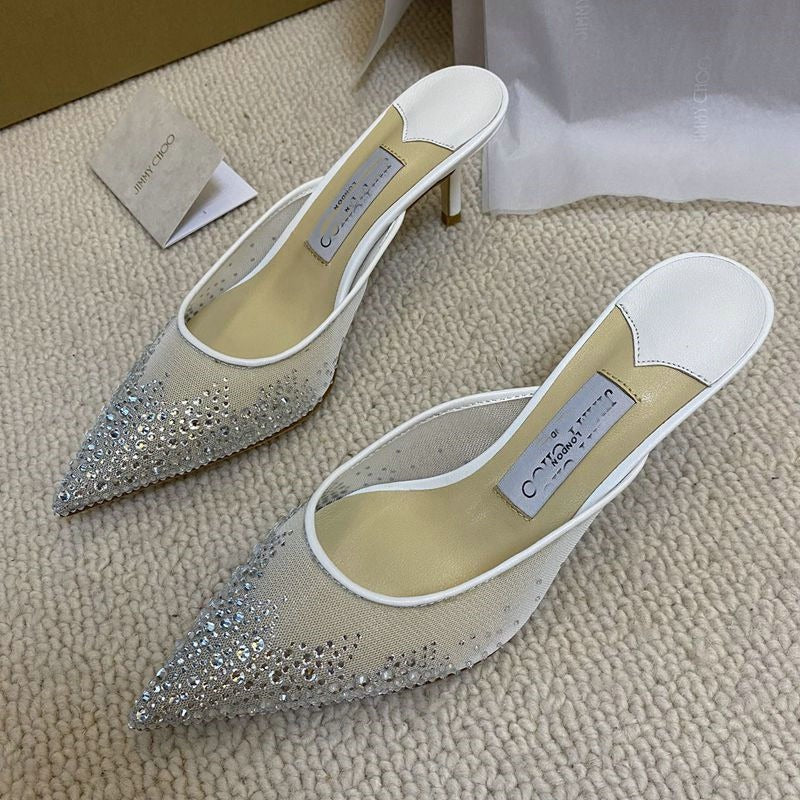 Mesh hot diamond high heel slippers, pointed slippers, single toe shoes, crystal