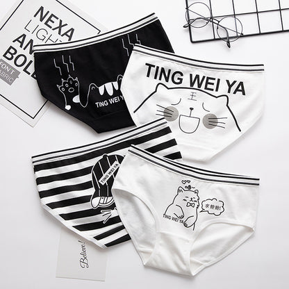 Simple Black And White Cute Cartoon Underwear Ladies Mid Waist Sheath Breathable Underwear For Women Cotton Crotch