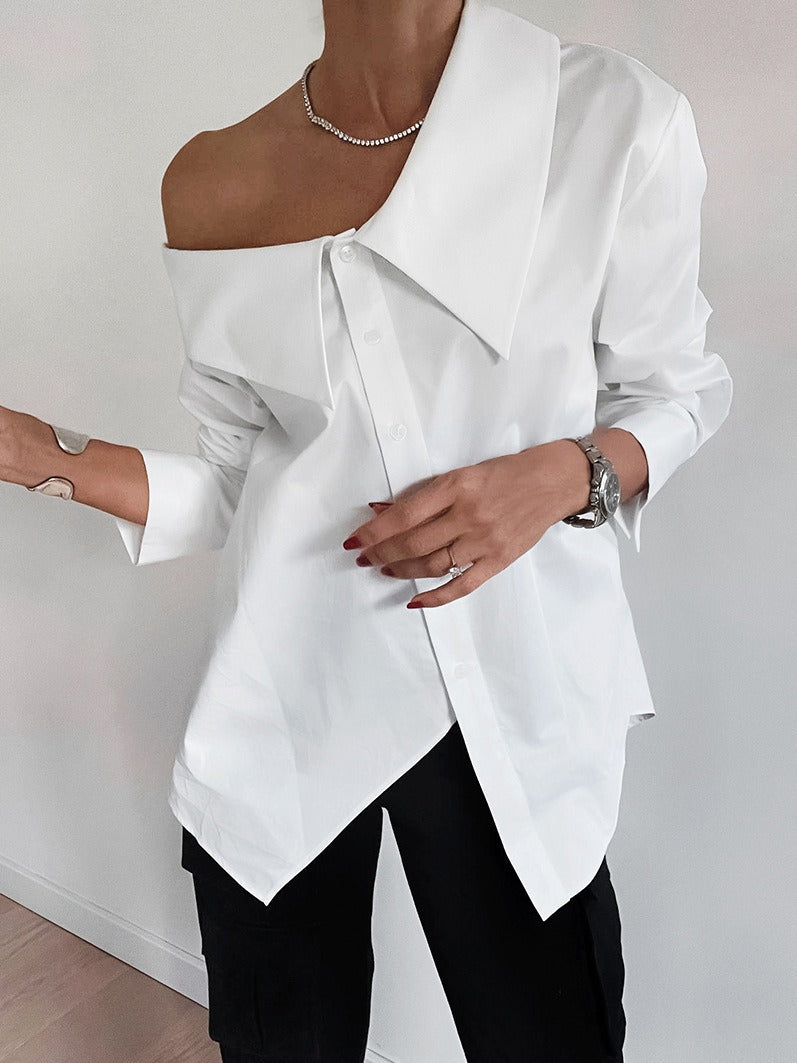 White sexy off-shoulder irregular collar temperament loose shirt