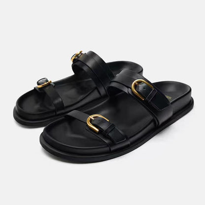 Open toe buckle decorated beach casual flat sandals thick sole strappy slippers