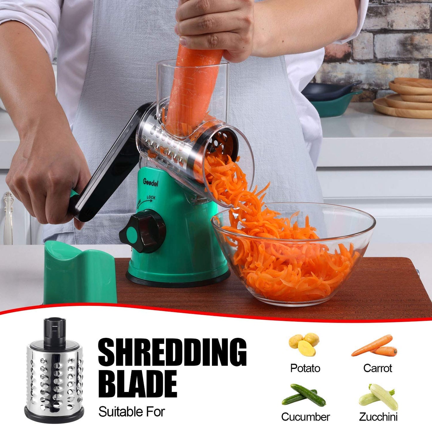 Geedel Rotary Cheese Grater, Kitchen Mandoline Vegetable Slicer with 3 Interchangeable Blades, Easy to Clean Grater for Fruit, Vegetables, Nuts