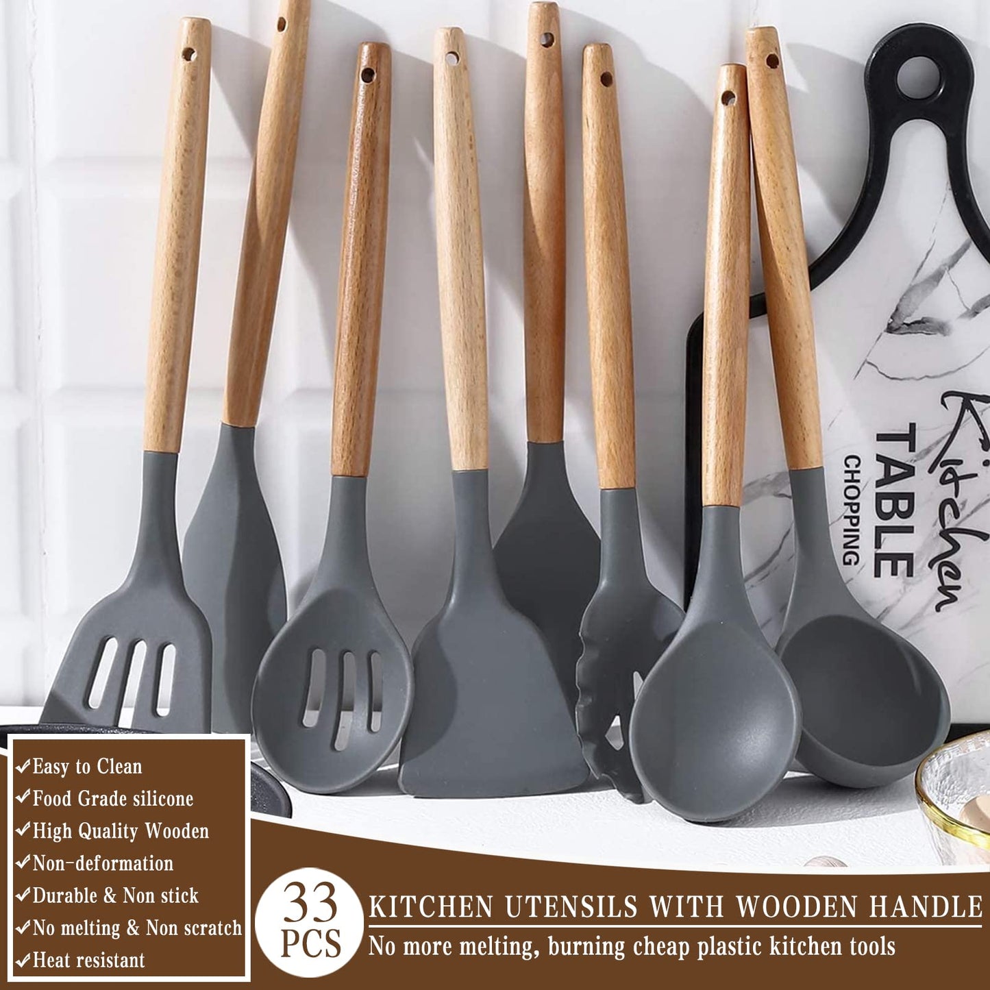 Umite Chef Kitchen Cooking Utensils Set, 33 pcs Non-Stick Silicone Cooking Kitchen Utensils Spatula Set with Holder, Wooden Handle Silicone Kitchen Gadgets Utensil Set (Khaki)