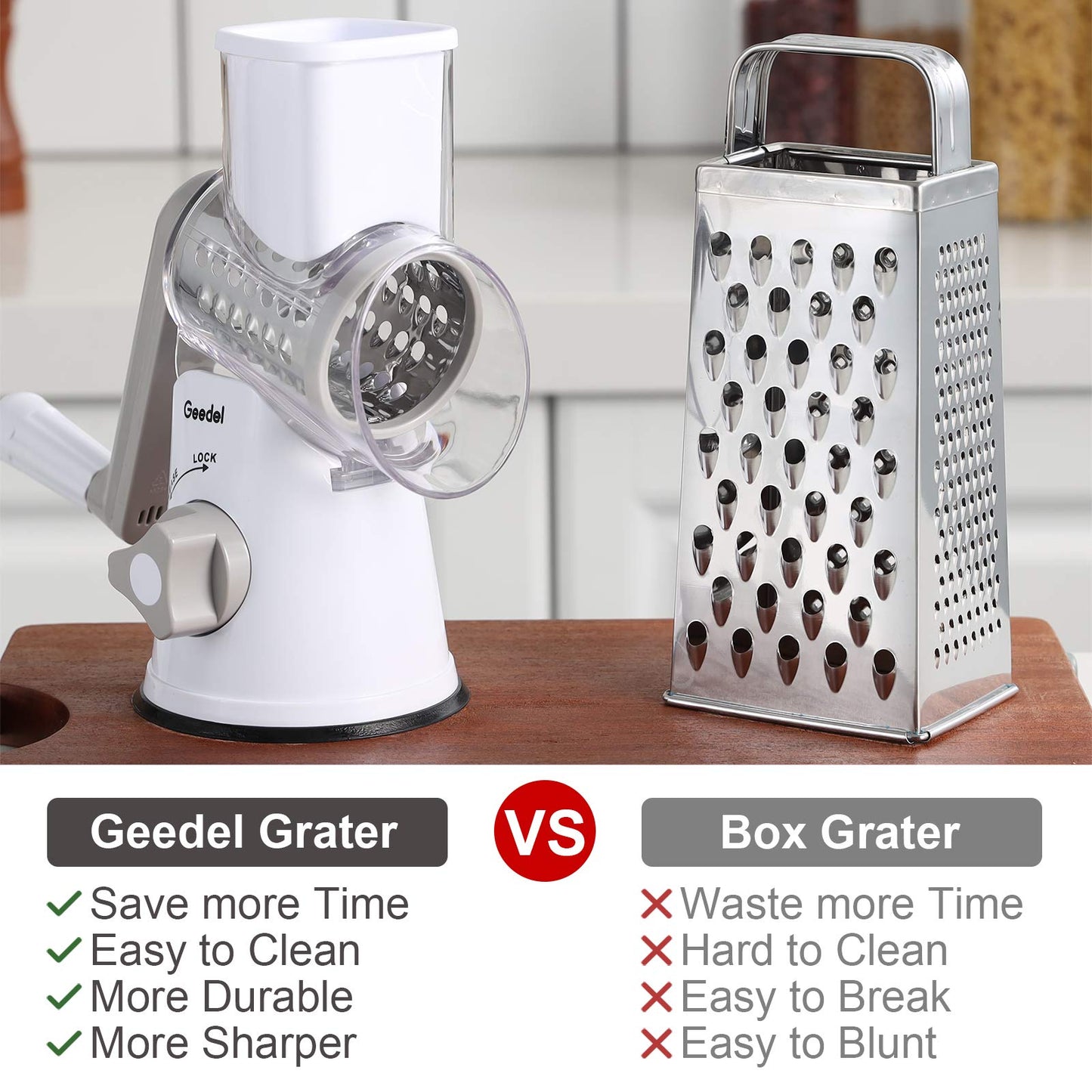 Geedel Rotary Cheese Grater, Kitchen Mandoline Vegetable Slicer with 3 Interchangeable Blades, Easy to Clean Grater for Fruit, Vegetables, Nuts