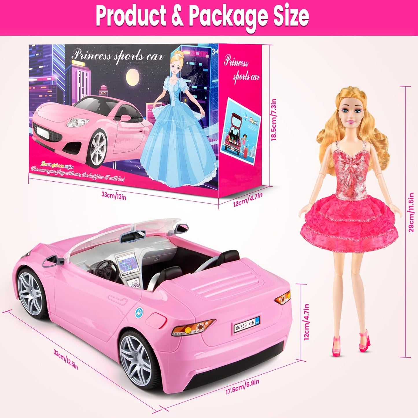 76 Pcs 11.5 Inch Doll and Convertible Car Playset,Included Princess Dresses,Fashion Dresses,Casual Clothing,Swimsuits,Bags,Shoes ,Doll Playset,Doll Dress up Toys for Girls Kids Toddlers Gifts