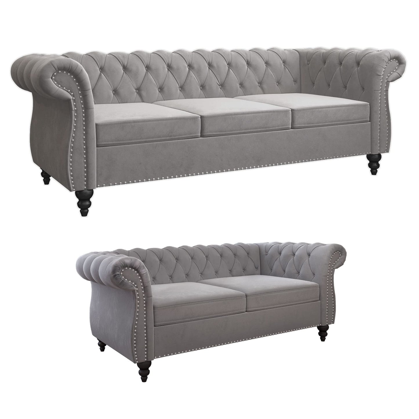 3 Piece Living Room Set, Chesterfield Velvet Sofa Loveseat Couch Chair with Scroll Arms and Nailhead for Living Room, Office (Grey, 1-2-3)