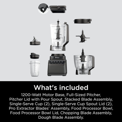 Ninja BL770 Mega Kitchen System, 1500W, 4 Functions for Smoothies, Processing, Dough, Drinks & More, with 72 Blender Pitcher, 64 Processor Bowl, (2) 16-oz. to-Go, Black, with 2 Nutri Cups + Lids