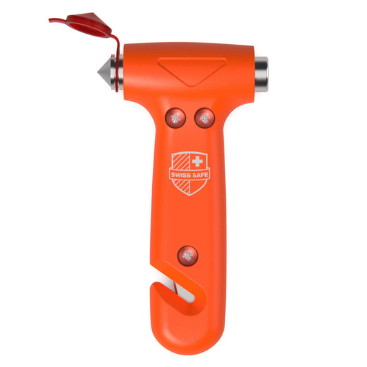 Swiss Safe 5-in-1 Car Safety Hammer, Emergency Escape Tool with Car Window Breaker and Seatbelt Cutter, Orange