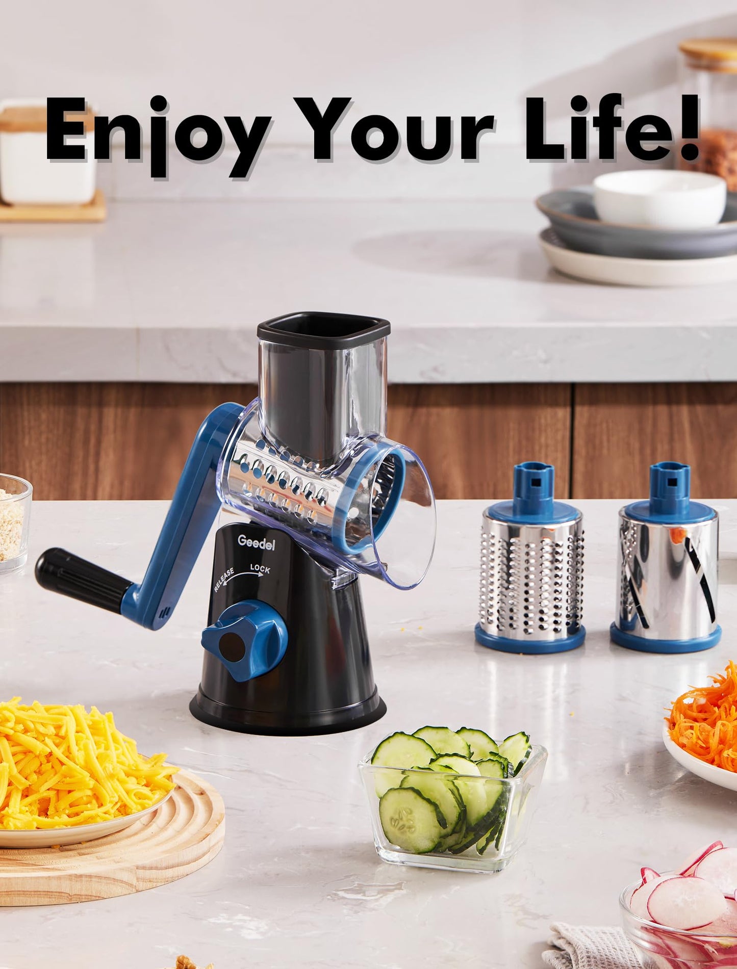 Geedel Rotary Cheese Grater, Kitchen Mandoline Vegetable Slicer with 3 Interchangeable Blades, Easy to Clean Grater for Fruit, Vegetables, Nuts