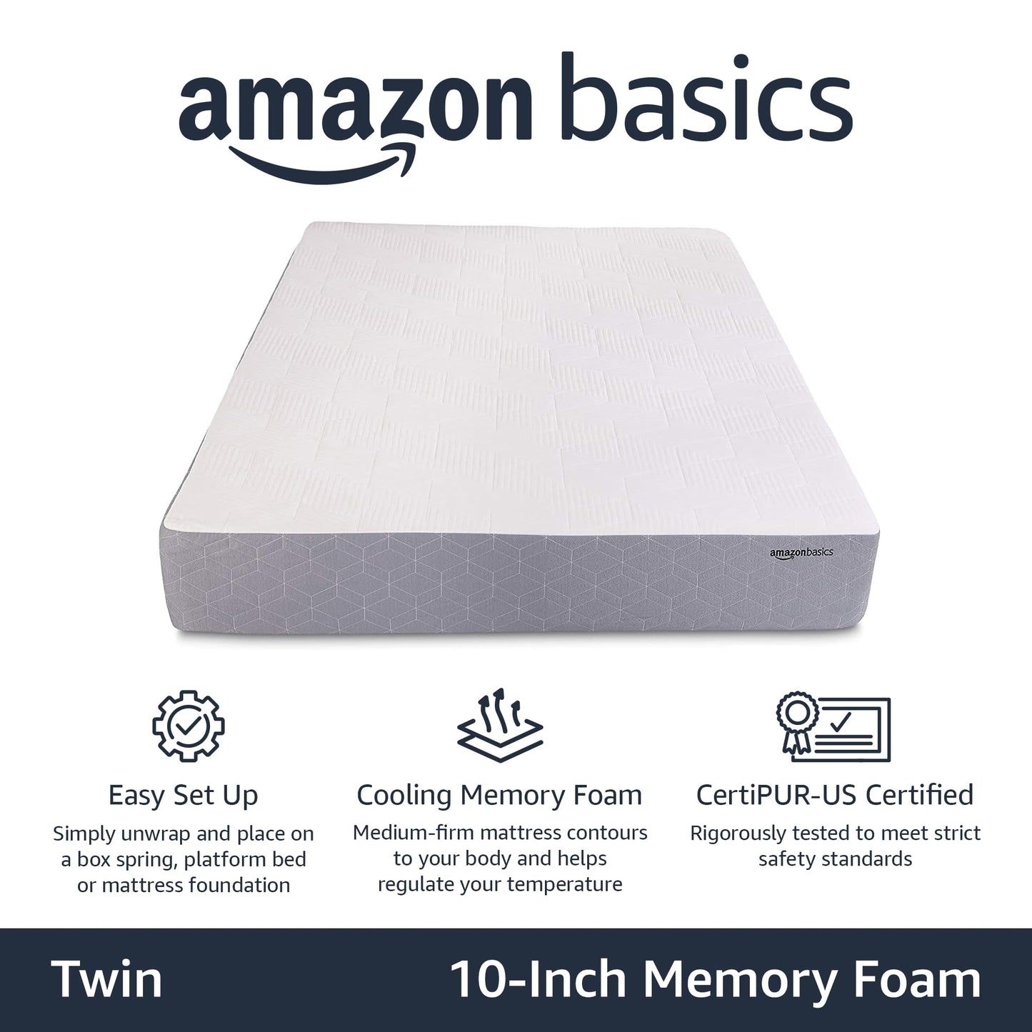 Amazon Basics Cooling Gel-Infused, Medium-Firm Memory Foam Mattress, CertiPUR-US Certified - Queen Size, 80 x 60 x 12 inches, White/Gray