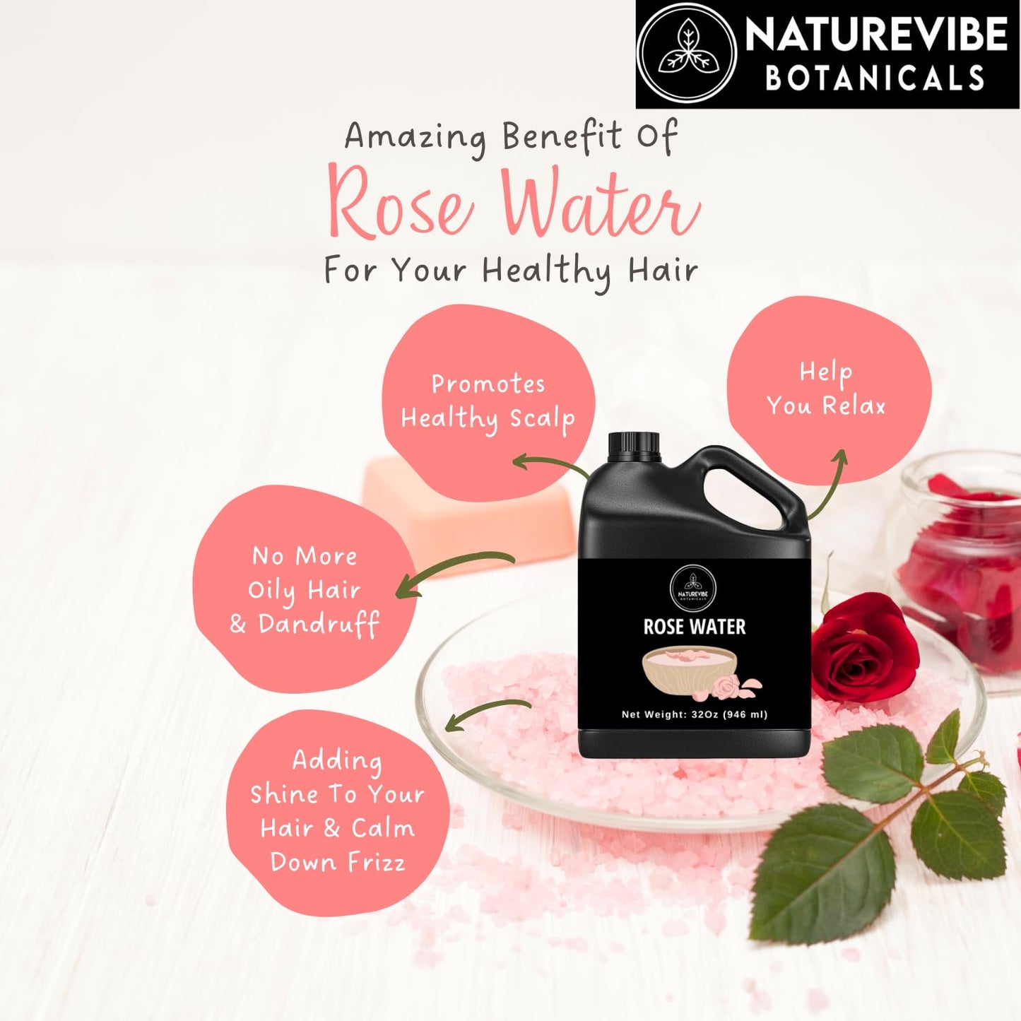 Naturevibe Botanicals Rose Water 32 Ounces | 100% Pure and Natural | Great for Skin Care and Hair Care