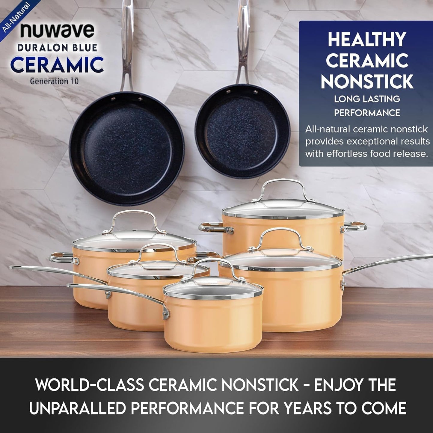 Nuwave Healthy Duralon Blue Ceramic Nonstick Cookware Set, Diamond Infused Scratch-Resistant, PFAS Free, Dishwasher & Oven Safe, Induction Ready & Evenly Heats,Tempered Glass Lids & Stay-Cool Handles