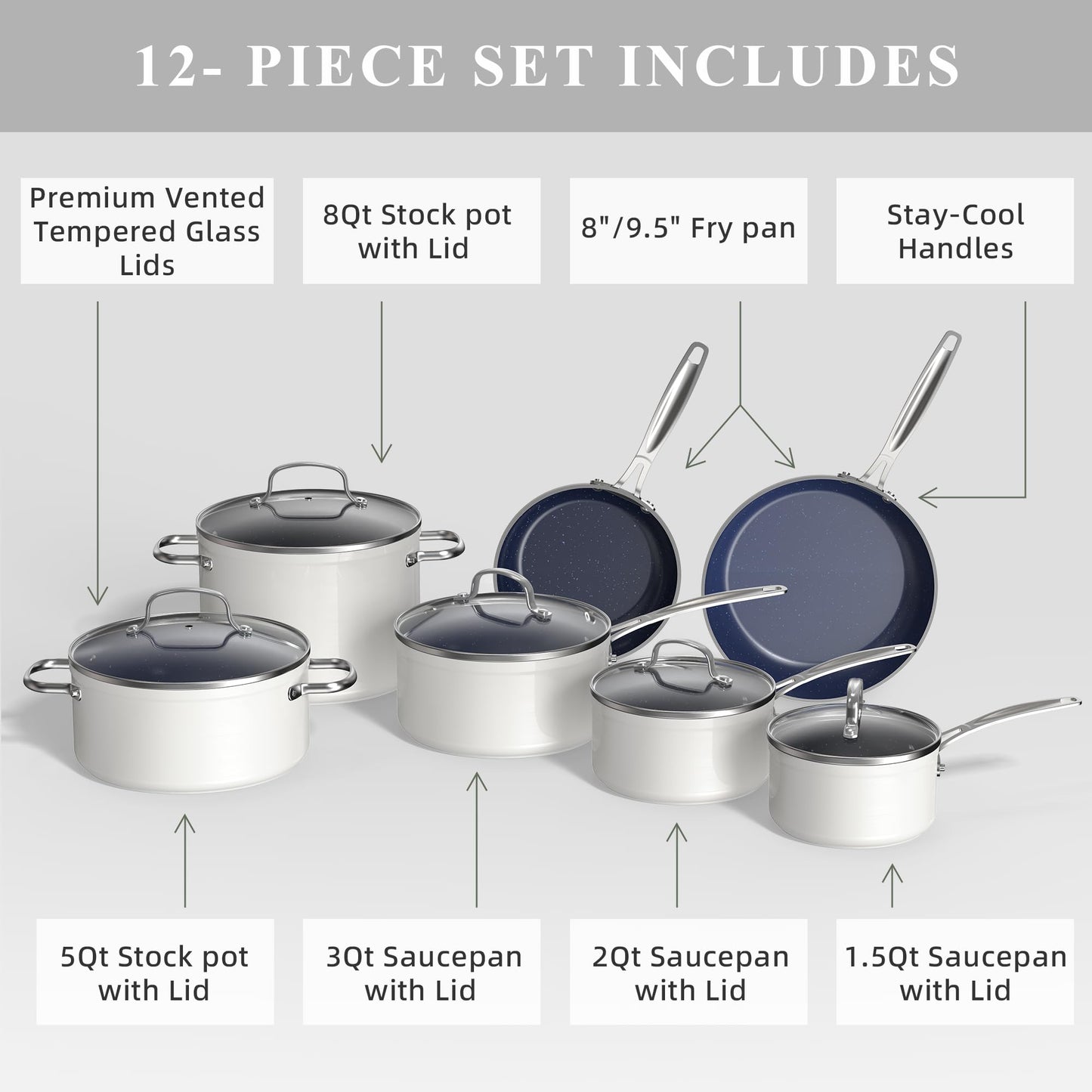 Nuwave Healthy Duralon Blue Ceramic Nonstick Cookware Set, Diamond Infused Scratch-Resistant, PFAS Free, Dishwasher & Oven Safe, Induction Ready & Evenly Heats,Tempered Glass Lids & Stay-Cool Handles