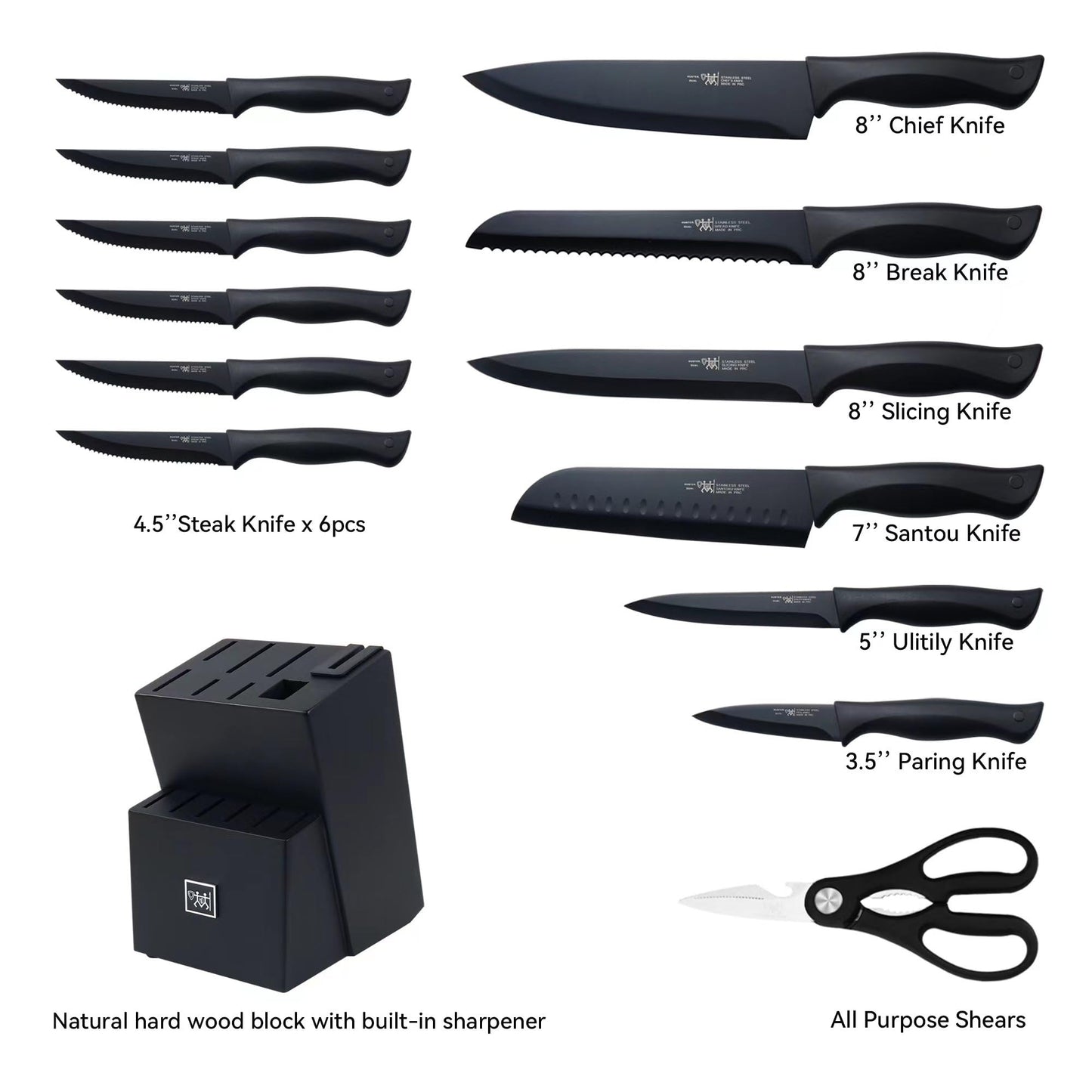 Knife Sets for Kitchen with Block, HUNTER.DUAL 15 Pcs Kitchen Knife Set with Block Self Sharpening, Dishwasher Safe, Anti-slip Handle, Black