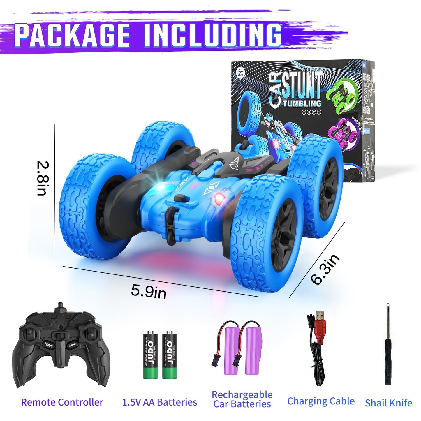 Remote Control Car, Rc Cars Stunt RC Car Toys New Upgraded Strip Lights and Headlights Car Toys Double-Sided 360° Rotating 4WD Rc Drift Truck for Boys Girls Birthday Gift (Blue)