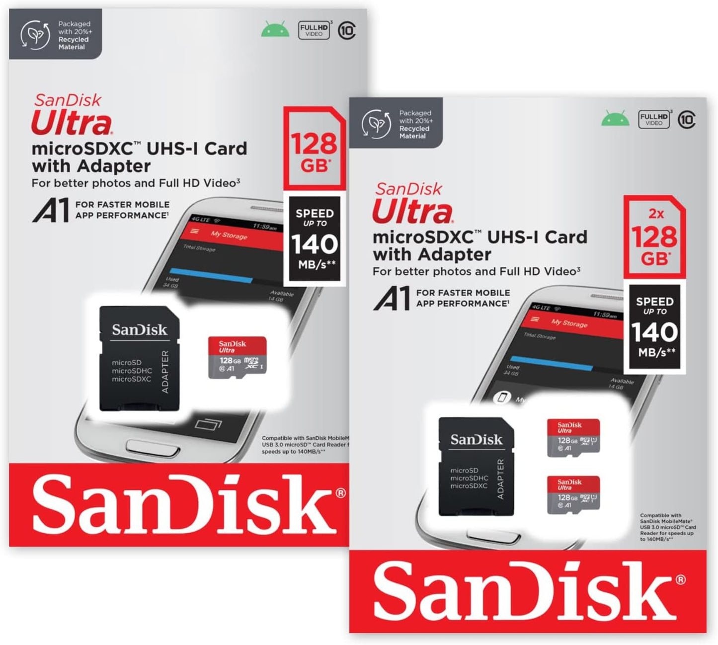 SanDisk 128GB Ultra microSDXC UHS-I Memory Card with Adapter - Up to 140MB/s, C10, U1, Full HD, A1, MicroSD Card - SDSQUAB-128G-GN6MA [New Version]