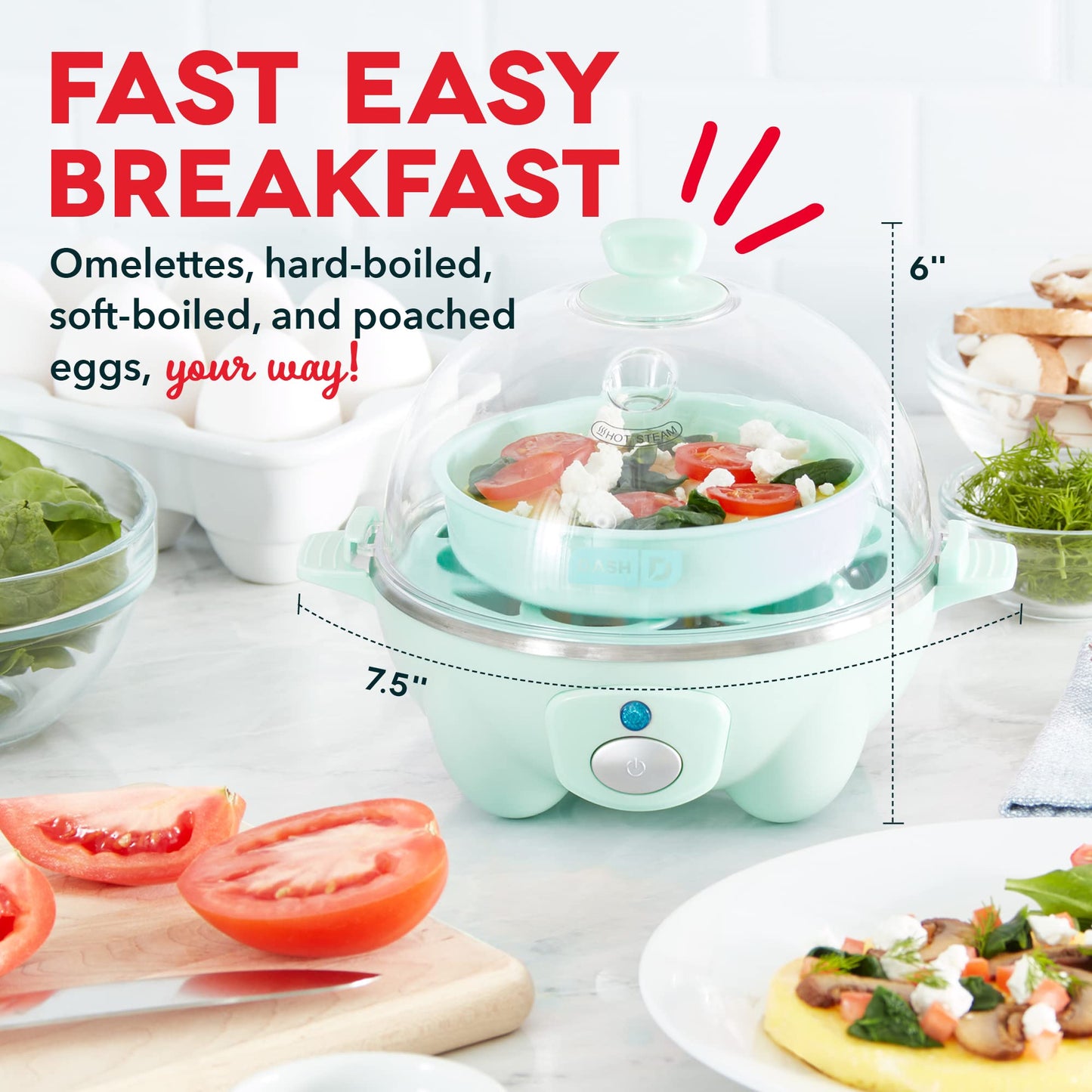 DASH Rapid Egg Cooker: 6 Egg Capacity Electric Egg Cooker for Hard Boiled Eggs, Poached Eggs, Scrambled Eggs, or Omelets with Auto Shut Off Feature - Aqua, 5.5 Inch (DEC005AQ)