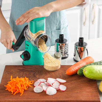 Geedel Rotary Cheese Grater, Kitchen Mandoline Vegetable Slicer with 3 Interchangeable Blades, Easy to Clean Grater for Fruit, Vegetables, Nuts