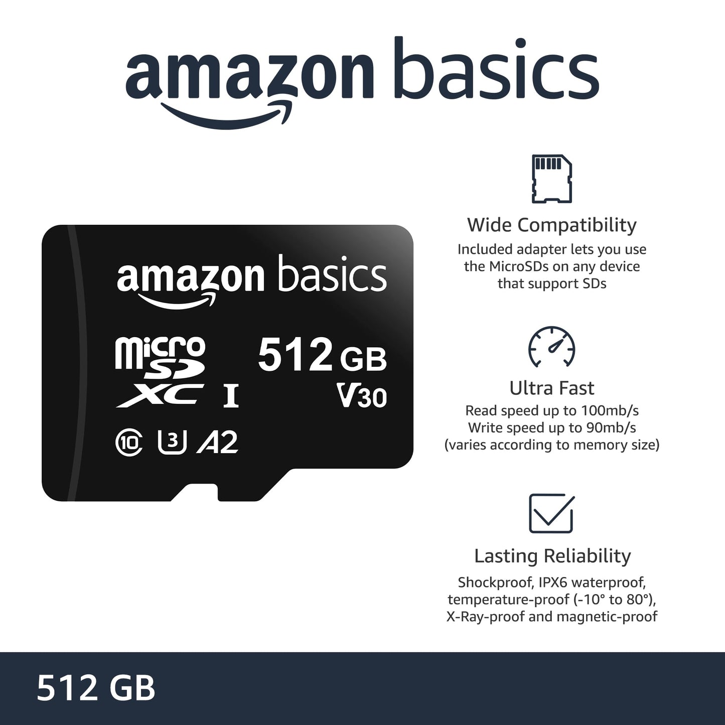 Amazon Basics Micro SDXC Memory Card with Full Size Adapter, A2, U3, Read Speed up to 100 MB/s, 128 GB, Black