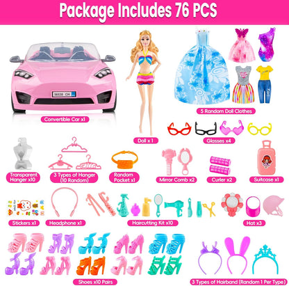 76 Pcs 11.5 Inch Doll and Convertible Car Playset,Included Princess Dresses,Fashion Dresses,Casual Clothing,Swimsuits,Bags,Shoes ,Doll Playset,Doll Dress up Toys for Girls Kids Toddlers Gifts