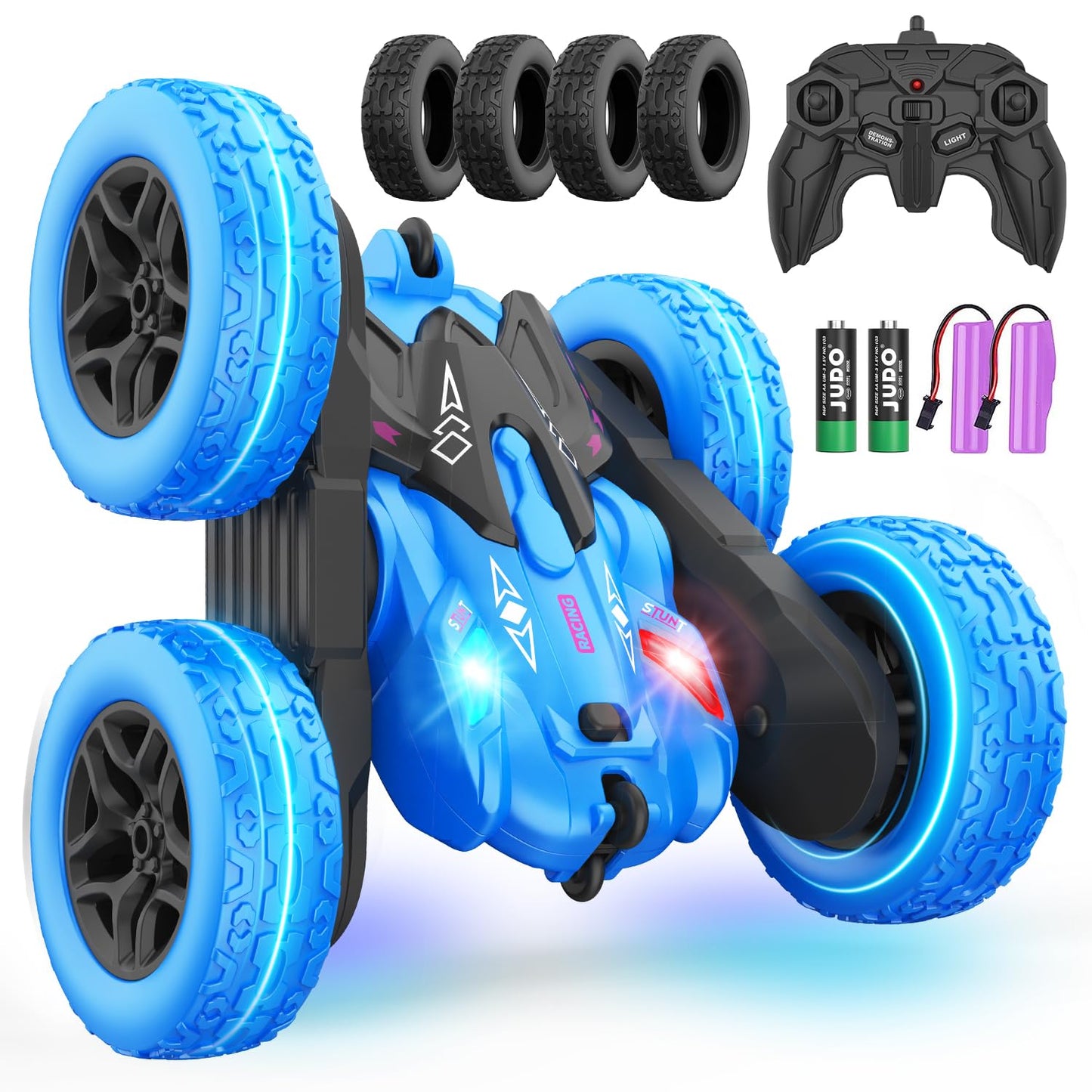 Remote Control Car, Rc Cars Stunt RC Car Toys New Upgraded Strip Lights and Headlights Car Toys Double-Sided 360° Rotating 4WD Rc Drift Truck for Boys Girls Birthday Gift (Blue)