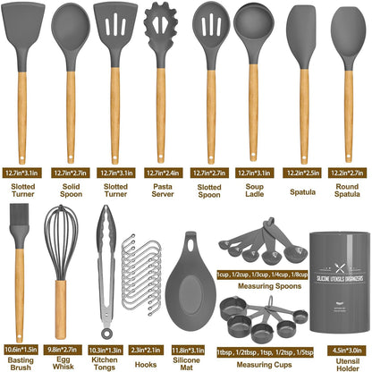 Umite Chef Kitchen Cooking Utensils Set, 33 pcs Non-Stick Silicone Cooking Kitchen Utensils Spatula Set with Holder, Wooden Handle Silicone Kitchen Gadgets Utensil Set (Khaki)