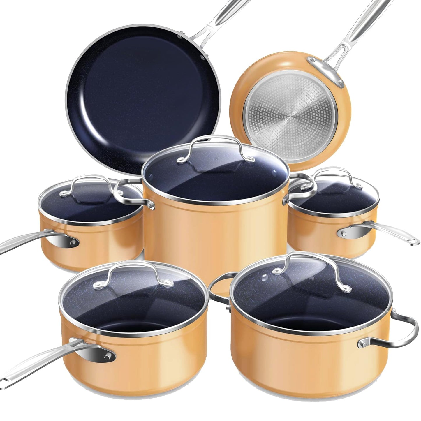 Nuwave Healthy Duralon Blue Ceramic Nonstick Cookware Set, Diamond Infused Scratch-Resistant, PFAS Free, Dishwasher & Oven Safe, Induction Ready & Evenly Heats,Tempered Glass Lids & Stay-Cool Handles