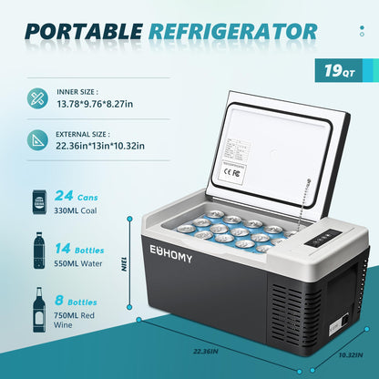 EUHOMY 12 Volt Refrigerator, 19QT(18L) Compressor Electric Cooler, Car Fridge -4℉~68℉, Portable Refrigerator 12/24V DC 110-240V AC, Portable Freezer for Camping, Travel, Boat