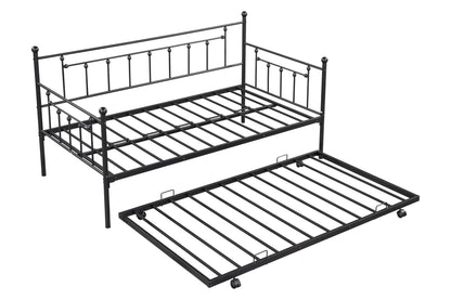 Metal double bed with ear shaft/sturdy/noise reduction/flexible ear shaft/retro style/no need for spring box (Black)