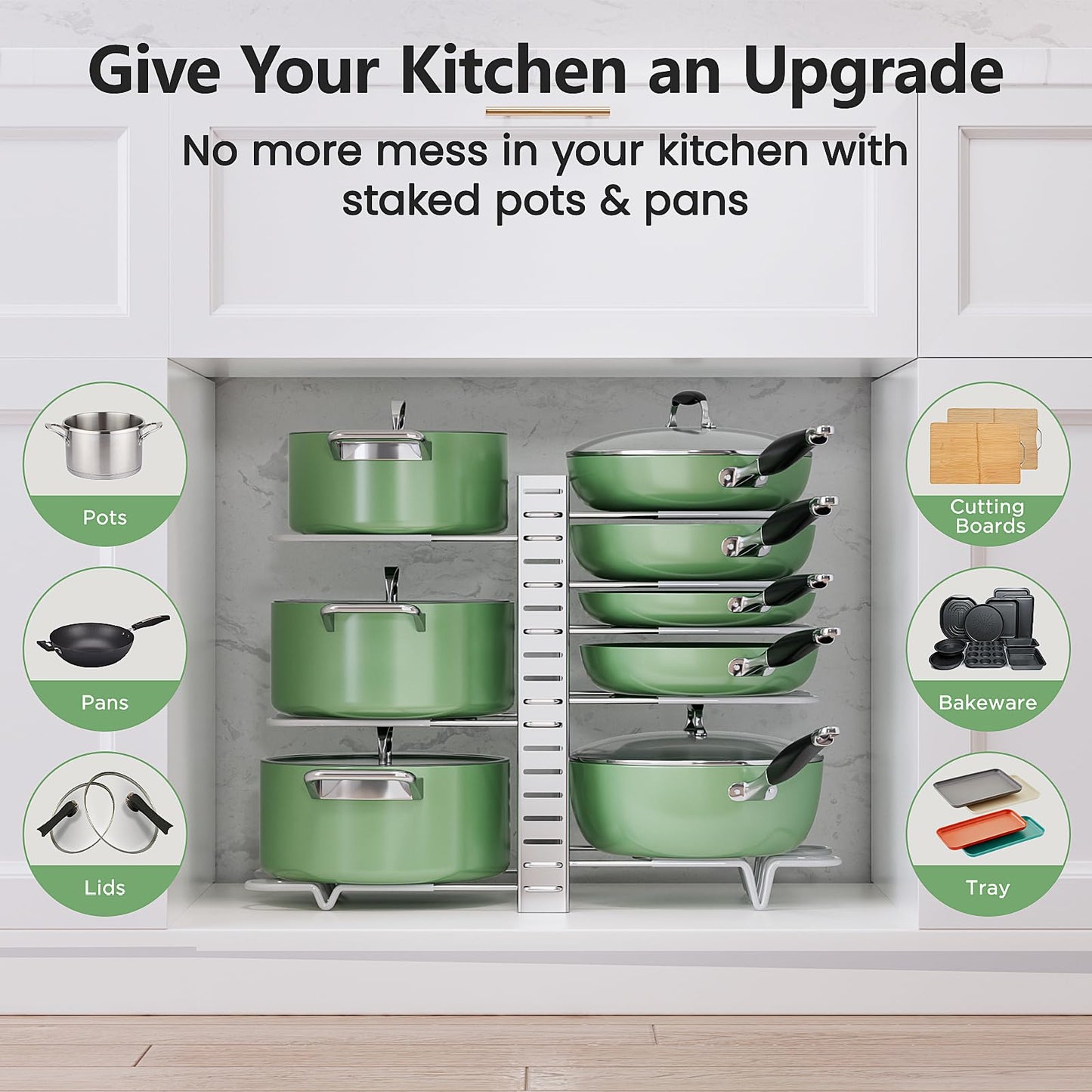 ORDORA Pots and Pans Organizer: Under Cabinet, Adjustable 8-Tier Pot Organizers inside Cabinet, Kitchen Organizers and Storage Fit 6-11 inch Lightweight Cookware