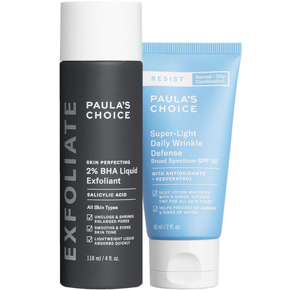 Paula's Choice 2% BHA Liquid Exfoliant & RESIST Super-Light Daily Wrinkle Defense SPF 30, Salicylic Acid for Enlarged Pores & Blackheads and Tinted Mineral Broad-Spectrum Sunscreen, Set of 2