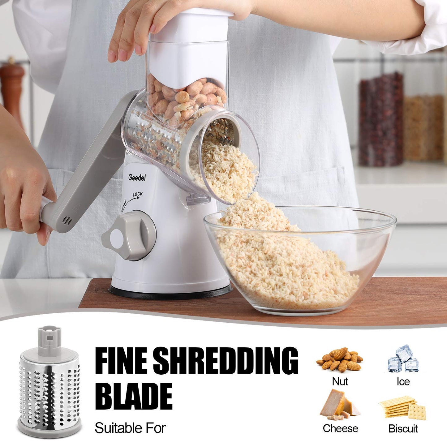 Geedel Rotary Cheese Grater, Kitchen Mandoline Vegetable Slicer with 3 Interchangeable Blades, Easy to Clean Grater for Fruit, Vegetables, Nuts