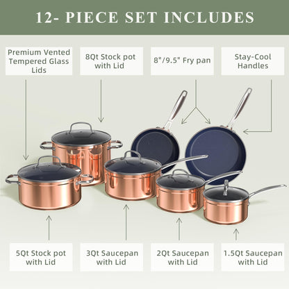 Nuwave Healthy Duralon Blue Ceramic Nonstick Cookware Set, Diamond Infused Scratch-Resistant, PFAS Free, Dishwasher & Oven Safe, Induction Ready & Evenly Heats,Tempered Glass Lids & Stay-Cool Handles