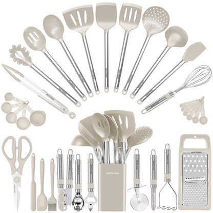 Kitchen Utensil Set-Silicone Cooking Utensils-33 Kitchen Gadgets & Spoons for Nonstick Cookware-Silicone and Stainless Steel Spatula Set-Best Kitchen Tools, Useful Pots and Pans Accessories