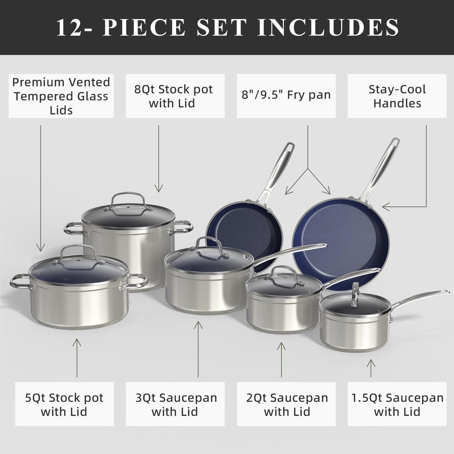 Nuwave Healthy Duralon Blue Ceramic Nonstick Cookware Set, Diamond Infused Scratch-Resistant, PFAS Free, Dishwasher & Oven Safe, Induction Ready & Evenly Heats,Tempered Glass Lids & Stay-Cool Handles