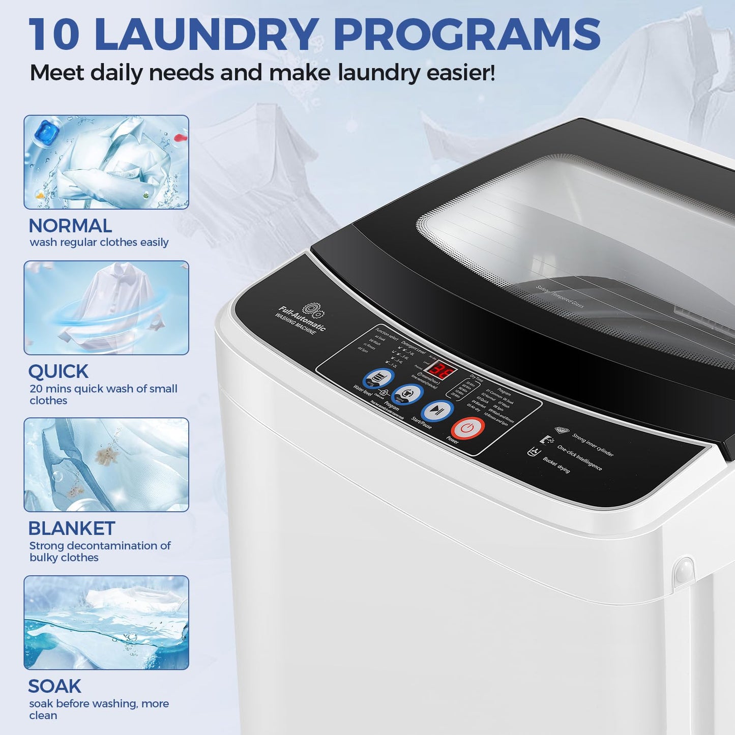 Nictemaw Portable Washing Machine 20Lbs Large Capacity 2.8 Cu.ft Laundry Machine with 10 Programs and 8 Water Levels Selections Compact Washer Machine for Apartment, Home, Dorms, Rv