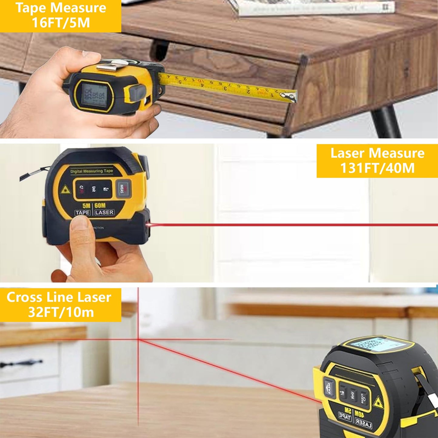 3-in-1 Digital Laser Tape Measure: 131Ft/40m Infrared Laser Measuring Tape with Digital Display, 16ft/5m Electronic Tape Measure Laser, Pythagorean, Area, Volume, Ft/Ft+in/in/M Unit (Yellow)