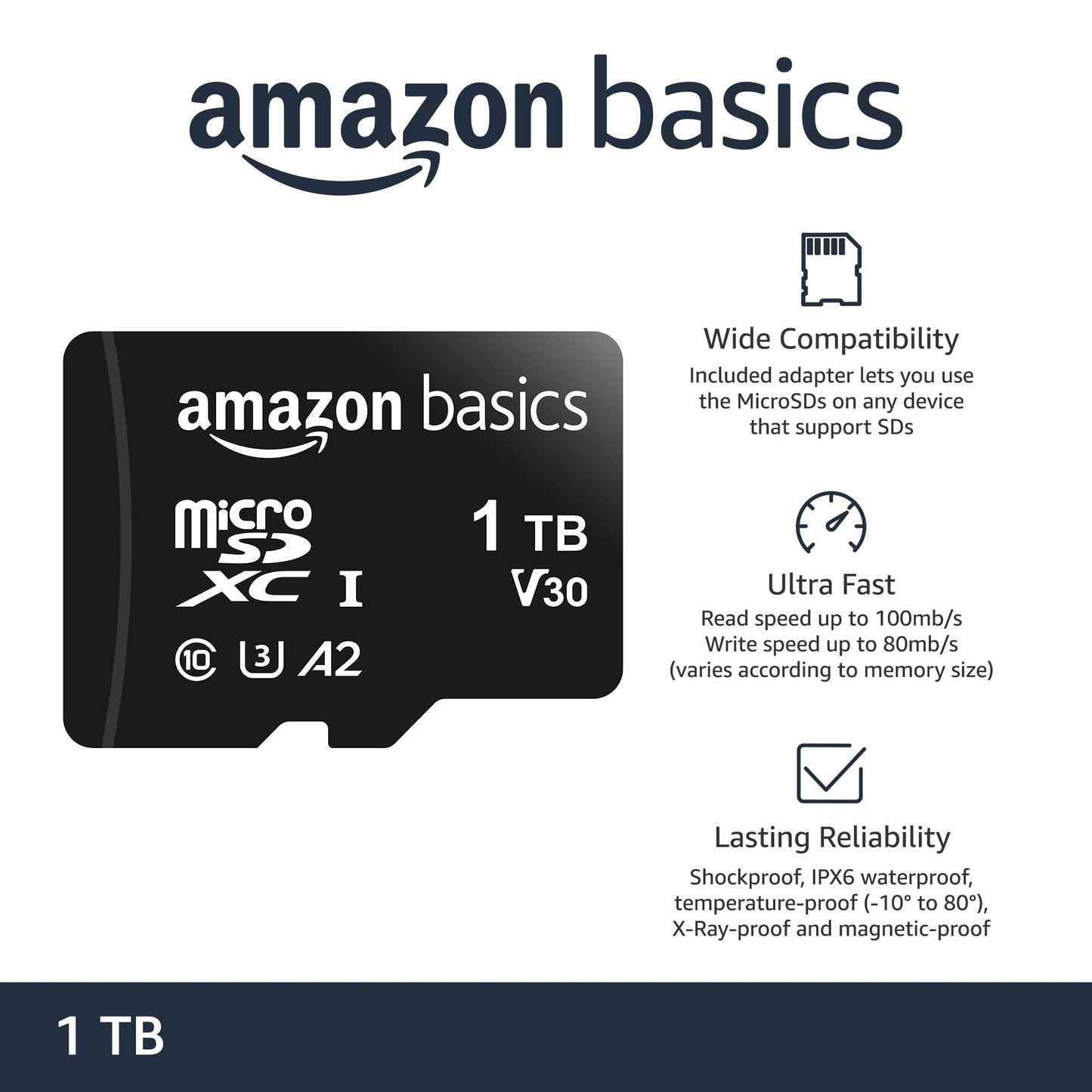 Amazon Basics Micro SDXC Memory Card with Full Size Adapter, A2, U3, Read Speed up to 100 MB/s, 128 GB, Black