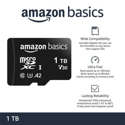 Amazon Basics Micro SDXC Memory Card with Full Size Adapter, A2, U3, Read Speed up to 100 MB/s, 128 GB, Black