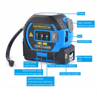 3-in-1 Digital Laser Tape Measure: 131Ft/40m Infrared Laser Measuring Tape with Digital Display, 16ft/5m Electronic Tape Measure Laser, Pythagorean, Area, Volume, Ft/Ft+in/in/M Unit (Yellow)